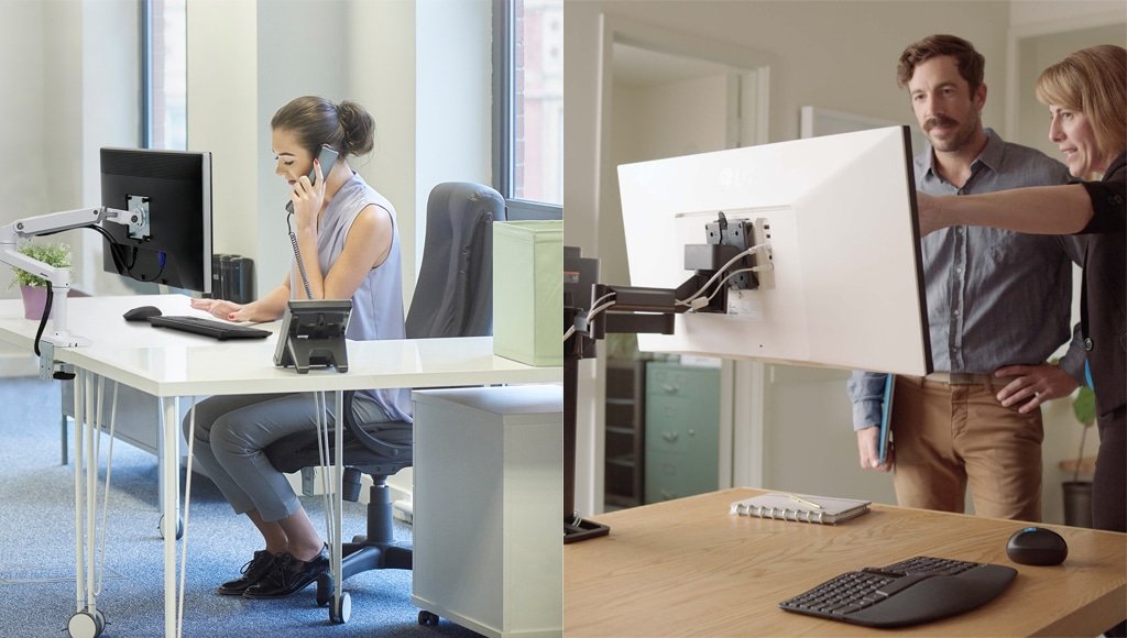 Sejumlah karyawan menggunakan monitor arm monitor mount atau monitor stand yang memudahkannya untuk mengatur posisi layar komputer